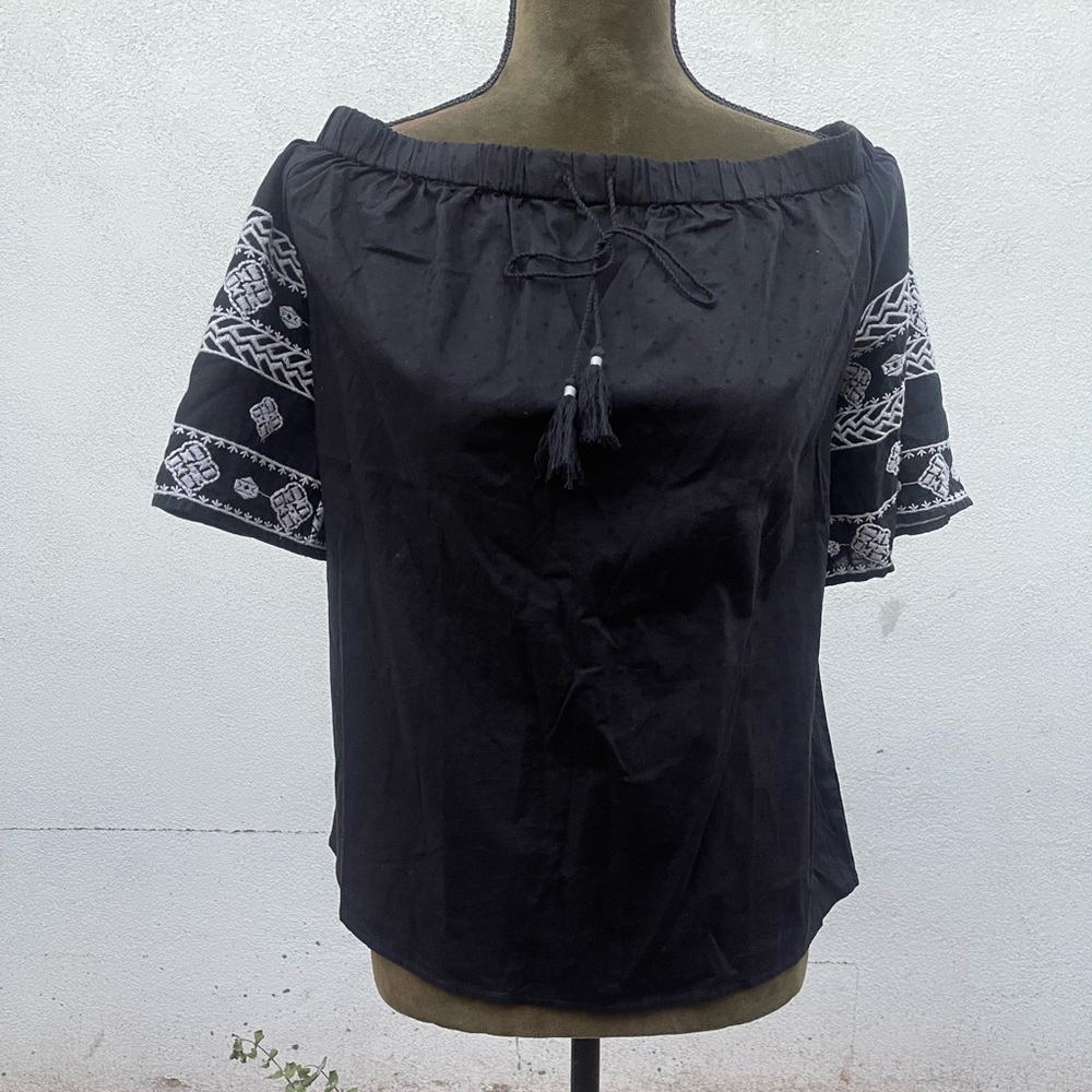 Black Off-Shoulder Top with Patterned Sleeves